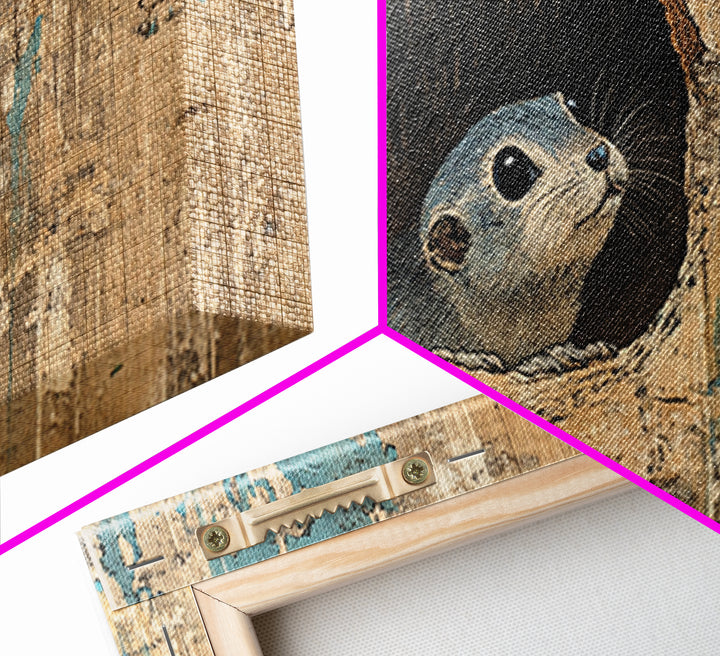 Curious Seal Peeking From Weathered Wall Art, Cute Coastal Animal Canvas Print, Nautical Bathroom Decor Gift For Ocean Lover