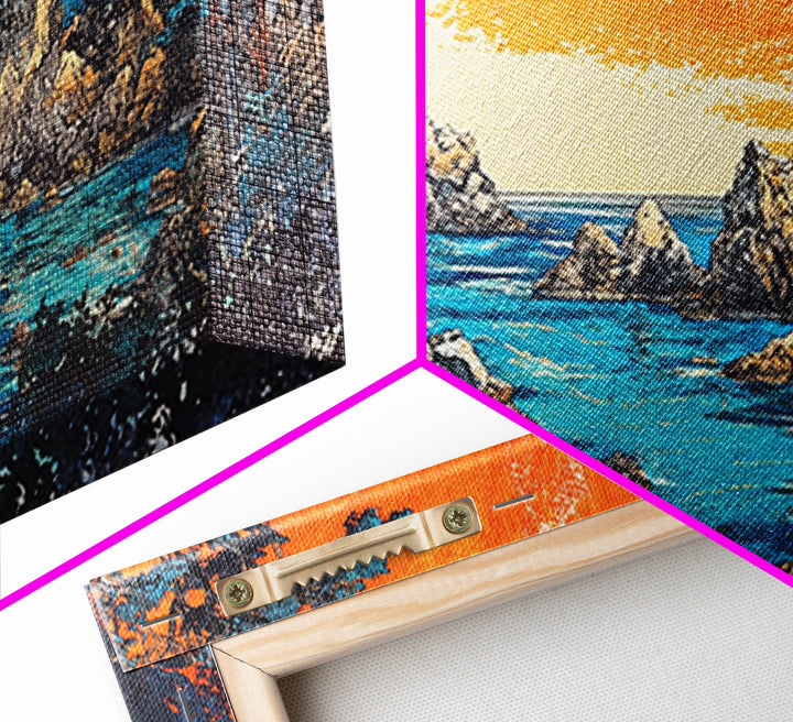 Orange Sunset Rocky Cove Seascape Canvas Print, Coastal Wall Art, Ocean Landscape Art For Living Room Decor, Beach House Decor