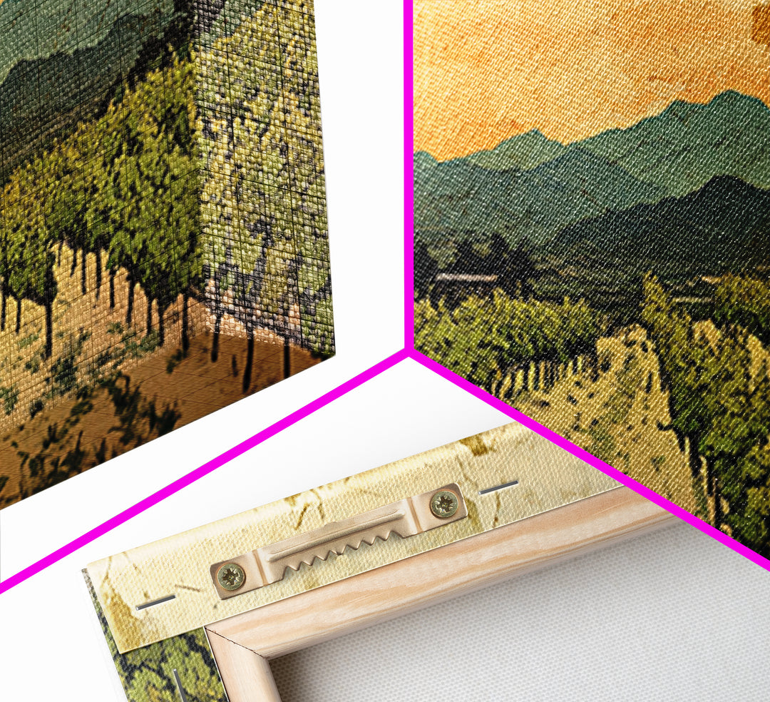 Sunset Vineyard Rows And Mountains Canvas Print, Winery Wall Art, Wine Country Decor, Rustic Landscape Art For Dining Room