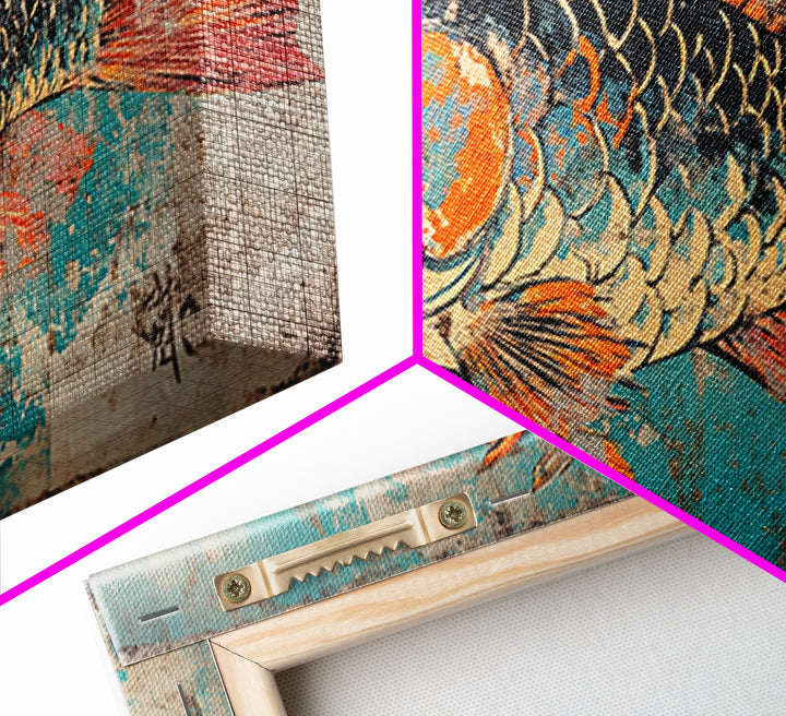 Orange And Teal Koi Fish Canvas Print, Japanese Wall Art, Coastal Animal Art, Vibrant Ocean Decor, Marine Life Print, Gift