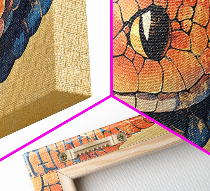 Orange And Blue Snake Closeup Framed Canvas Print, Reptile Wall Art, Wildlife Art, Bold Nature Decor, Masculine Home Decor