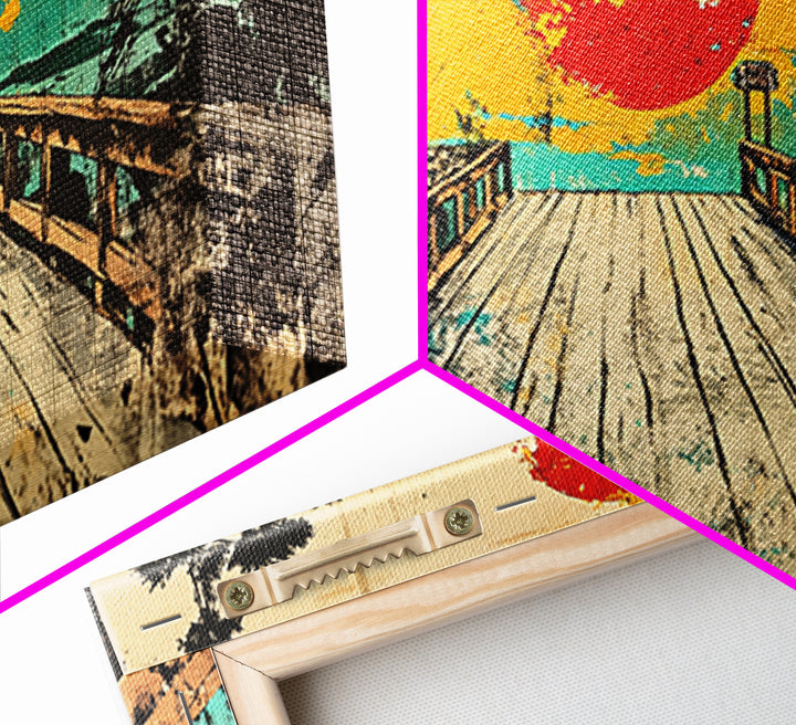 Sunset Pier Lake Wall Art, Japanese Landscape Canvas Print, Turquoise Coastal Decor, Retro Travel Poster For Living Room