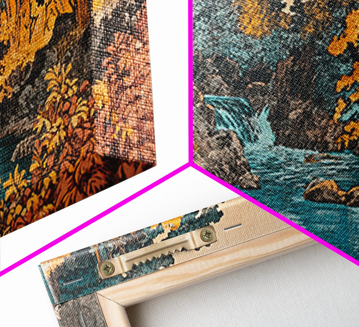 Autumn River Waterfall Wall Art, Japanese Landscape Canvas Print, Gold Forest Home Decor, Cozy Living Room Wall Art Print