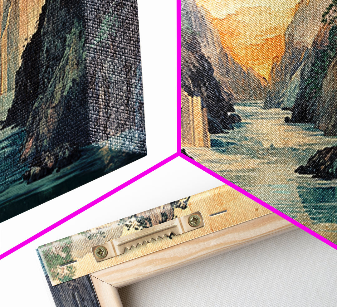 Misty Canyon River Wall Art, Japanese Landscape Canvas Print, Serene Mountain Decor, Panoramic Living Room Wall Art Print