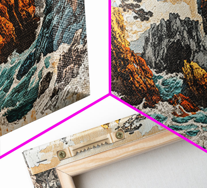 Dramatic Rocky Ocean Waves Framed Canvas Print, Japanese Seascape Wall Art, Coastal Landscape, Nautical Living Room Decor