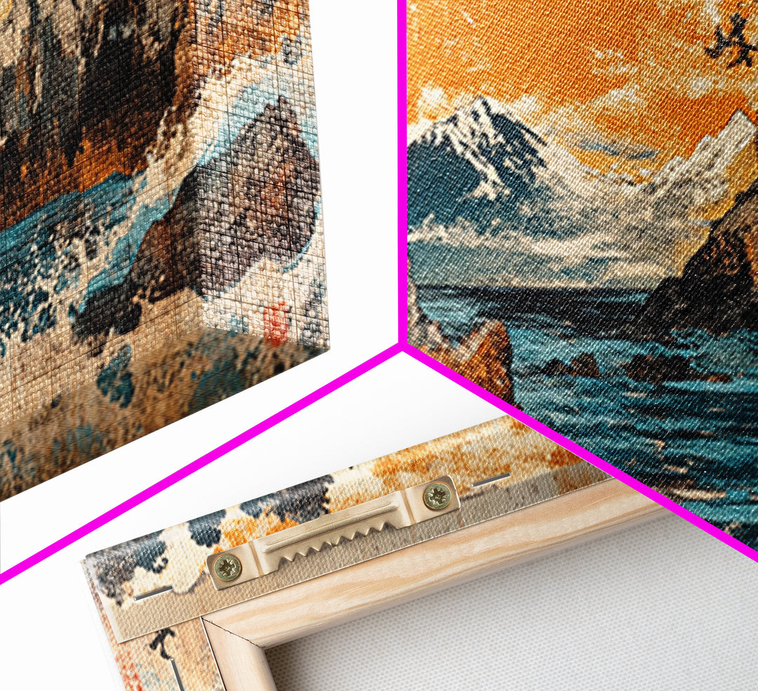 Mt Fuji Cliffs And Crashing Waves Framed Canvas Print, Japanese Wall Art, Coastal Landscape, Orange Sunset Living Room Decor