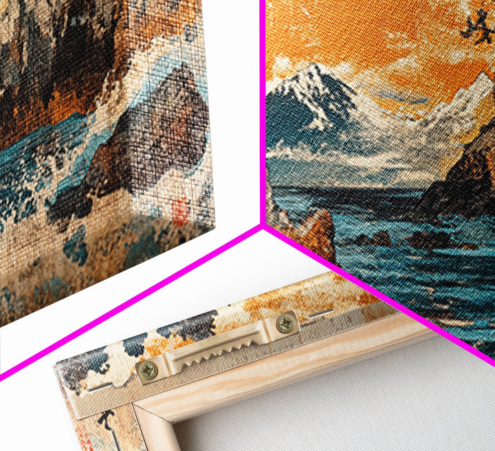 Mt Fuji Cliffs And Crashing Waves Framed Canvas Print, Japanese Wall Art, Coastal Landscape, Orange Sunset Living Room Decor