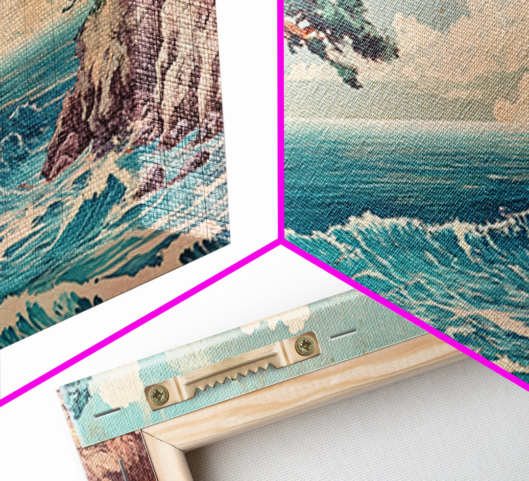 Pine Tree Coastal Cove Canvas Print, Japanese Seascape Wall Art, Ocean Waves, Beach House Decor, Calming Living Room Art