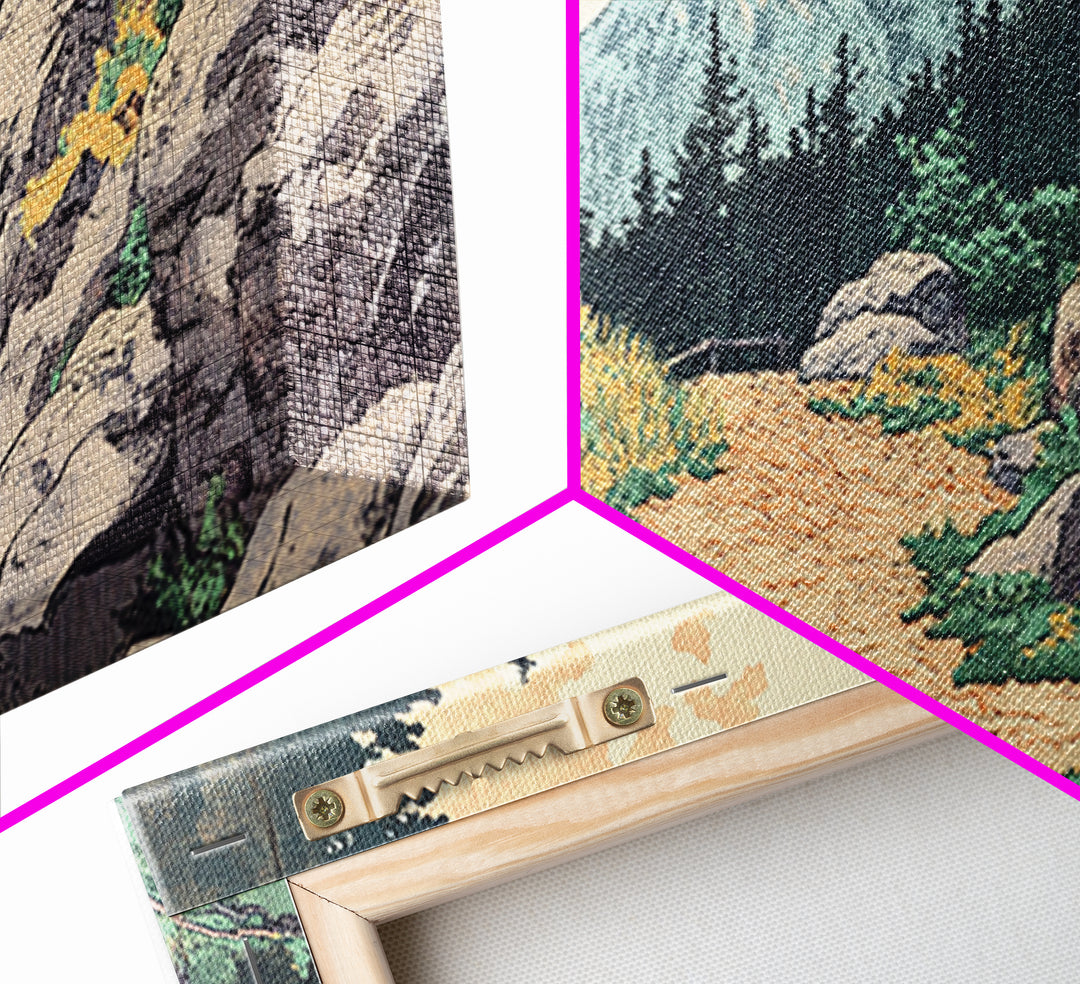 Mountain Forest Trail Framed Canvas Print, Japanese Landscape Wall Art, Pine Tree Nature Decor, Rustic Living Room Art Print