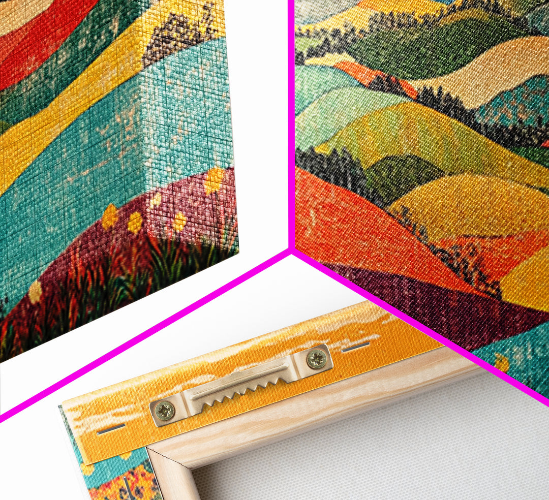 Colorful Rolling Hills And Wildflower Valley Wall Art, Modern Landscape Art Print, Boho Living Room Decor, Housewarming Gift