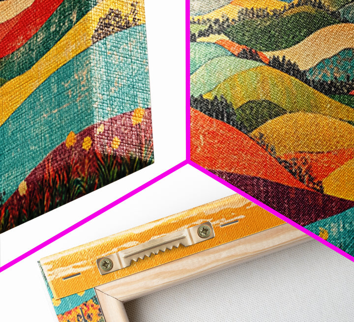 Colorful Rolling Hills And Wildflower Valley Wall Art, Modern Landscape Art Print, Boho Living Room Decor, Housewarming Gift