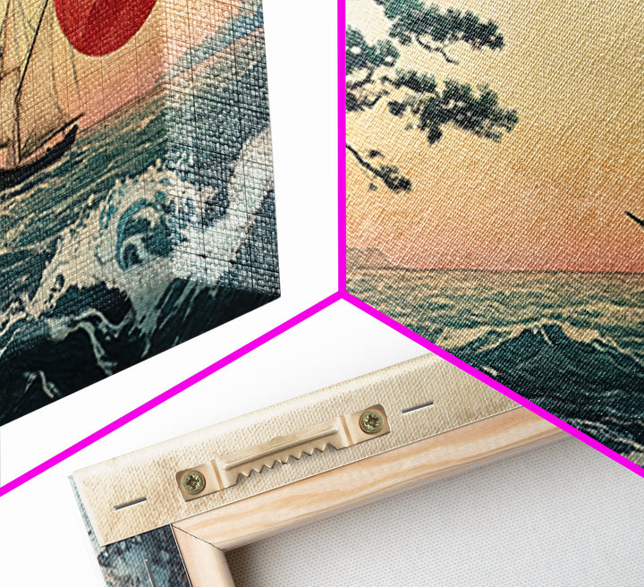 Japanese Sailboat And Red Sun Canvas Print, Coastal Wall Art, Ukiyo E Style Ocean Decor, Asian Inspired Art, Home Decor, Travel Poster