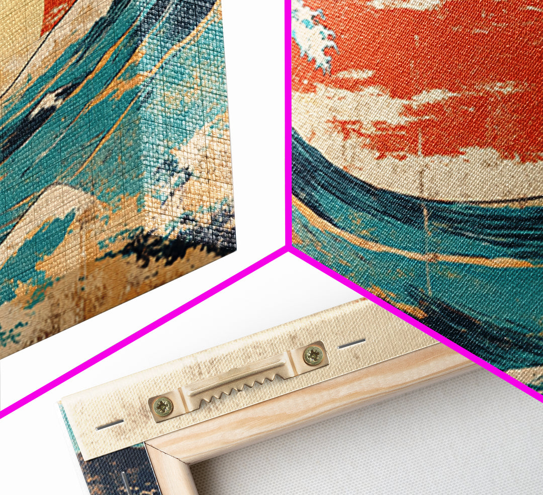 Japanese Great Wave Canvas Print, Red Sunset Ocean Wall Art, Ukiyo E Inspired Seascape, Coastal Living Room Decor, Home Decor