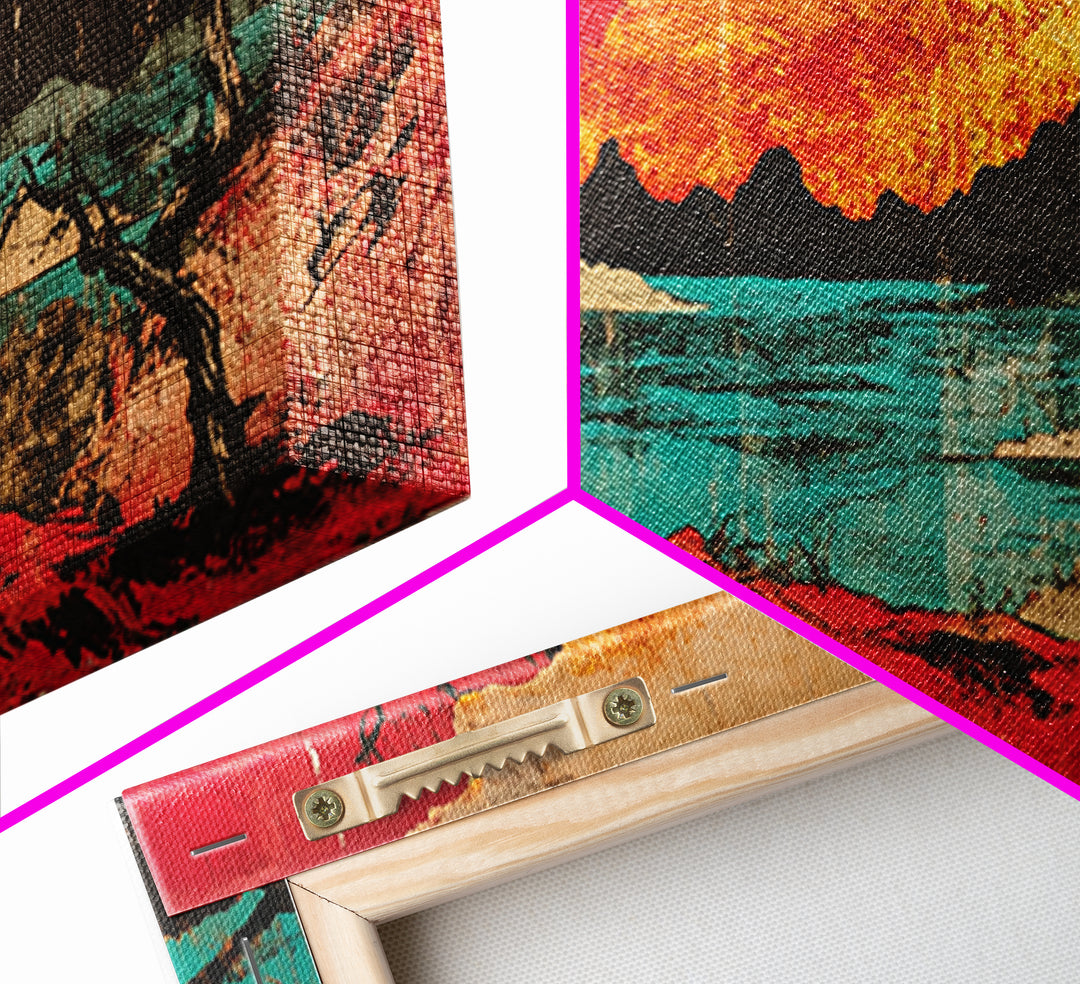 Red Sun Mountain Lake Wall Art, Japanese Sunset Landscape Canvas Print, Bold Desert Decor, Modern Living Room Statement Art