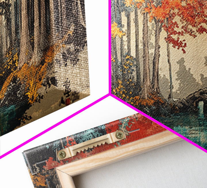 Autumn Forest River Wall Art, Japanese Landscape Canvas Print, Moody Woodland Decor, Large Living Room Wall Decor, Above Sofa Art