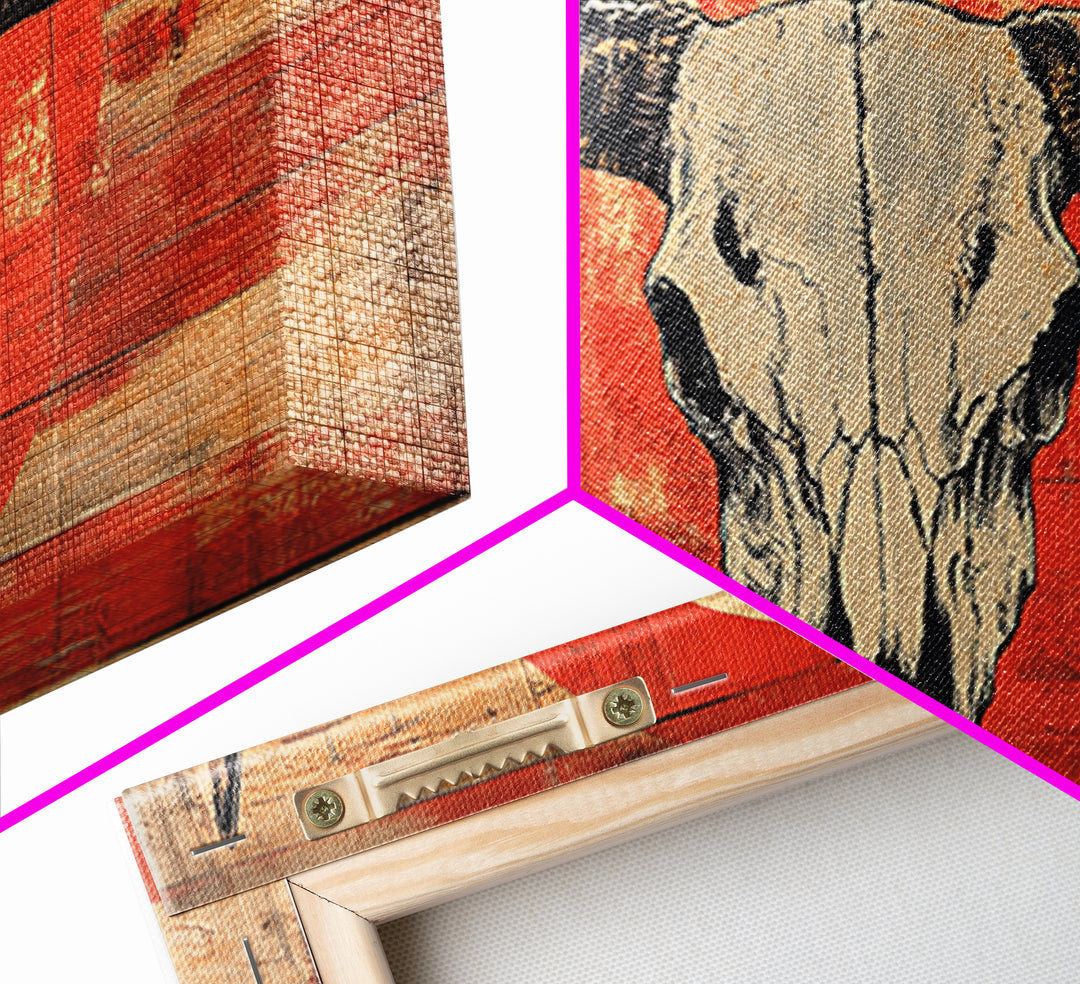 Longhorn Skull On Distressed Red Wood Wall Art, Western Framed Canvas Print, Rustic Cowboy Ranch Home Decor For Living Room