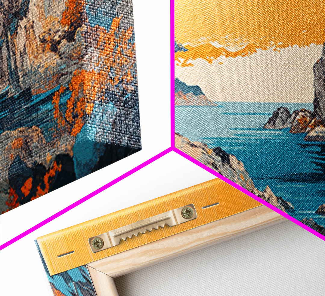 Orange Sky Rocky Coast Canvas Print, Japanese Seascape Wall Art, Coastal Landscape, Beach House Living Room Decor, Above Sofa Decor