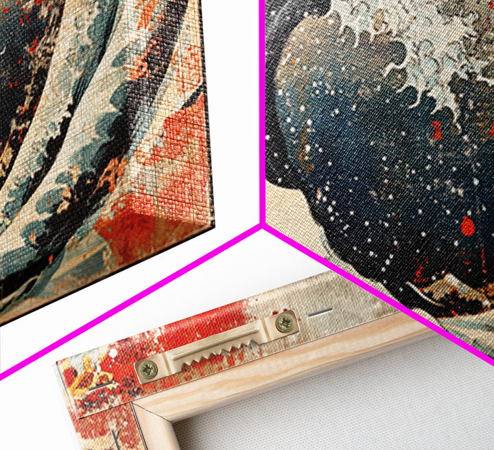 Great Wave With Red Sun Canvas Print, Japanese Ocean Wall Art, Hokusai Inspired Seascape, Coastal Living Room Decor Gift