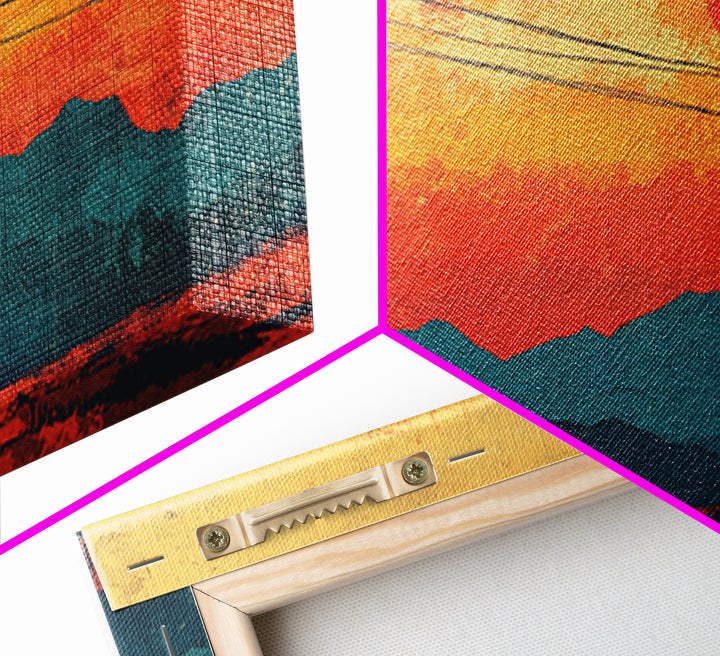 Telephone Poles At Orange Desert Sunset Wall Art, Retro Japanese Landscape Print, Mountain Decor, Mid Century Canvas Print