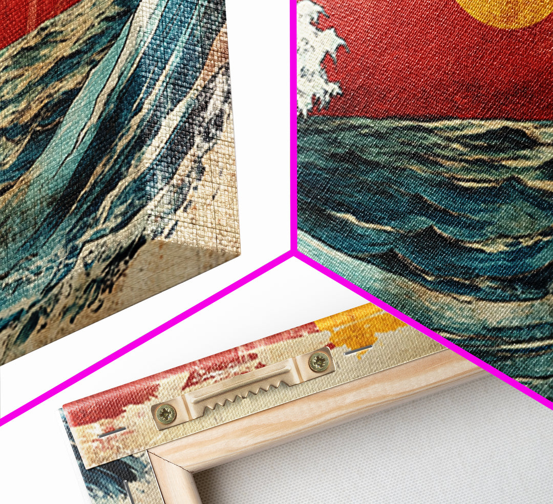 Rolling Ocean Wave Under Yellow Sun Canvas Print, Japanese Seascape Wall Art, Coastal Living Room Decor, Beach House Gift