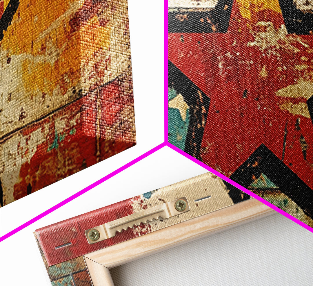 Distressed Red Star On Teal And Gold Abstract Wall Art, Retro Americana Canvas Print, Bold Rustic Home Decor For Man Cave Or Office