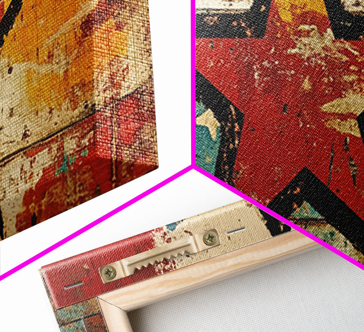 Distressed Red Star On Teal And Gold Abstract Wall Art, Retro Americana Canvas Print, Bold Rustic Home Decor For Man Cave Or Office
