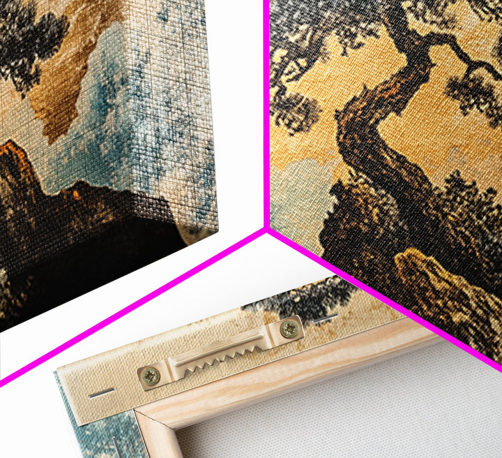 Twisted Bonsai On Golden Cliff Wall Art, Japanese Zen Landscape Print, Asian Inspired Decor, Teal Gold Living Room Art Print