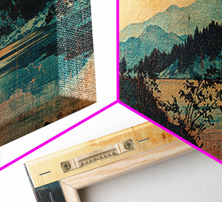 Lakeside Cabin With Red Sun Wall Art, Japanese Mountain Landscape Print, Japandi Decor, Serene Living Room Canvas Art Print