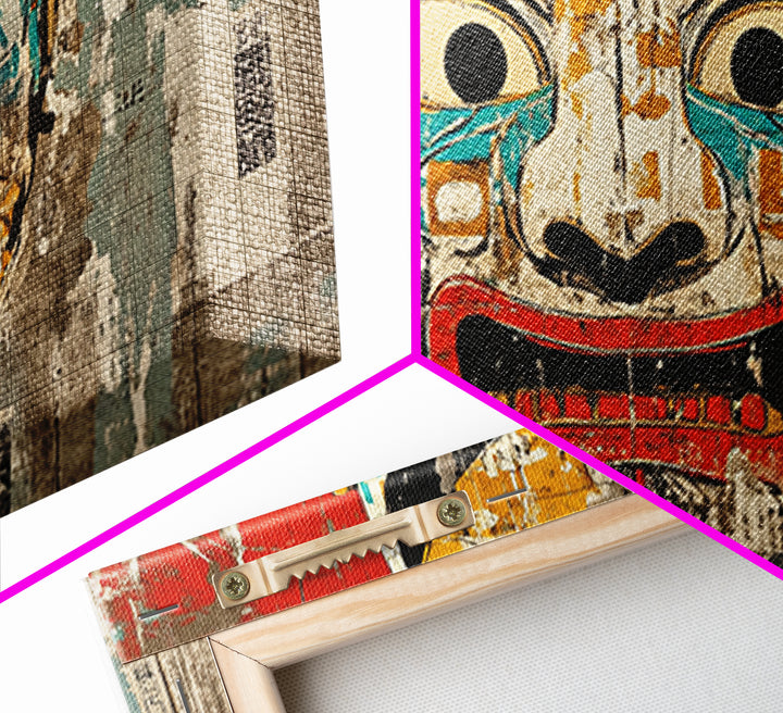 Weathered Japanese Noh Mask Framed Canvas Print, Kabuki Theater Wall Art, Asian Inspired Decor, Bold Eclectic Poster For Office