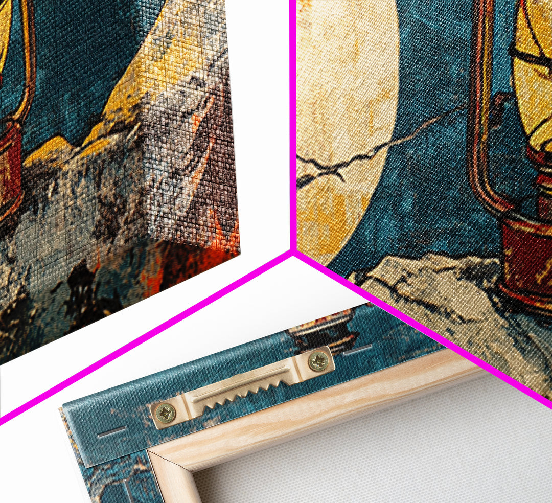 Rustic Lantern Beside Abstract Moon Wall Art, Teal Gold Night Sky Print, Celestial Decor, Wabi Sabi Canvas Print For Bedroom