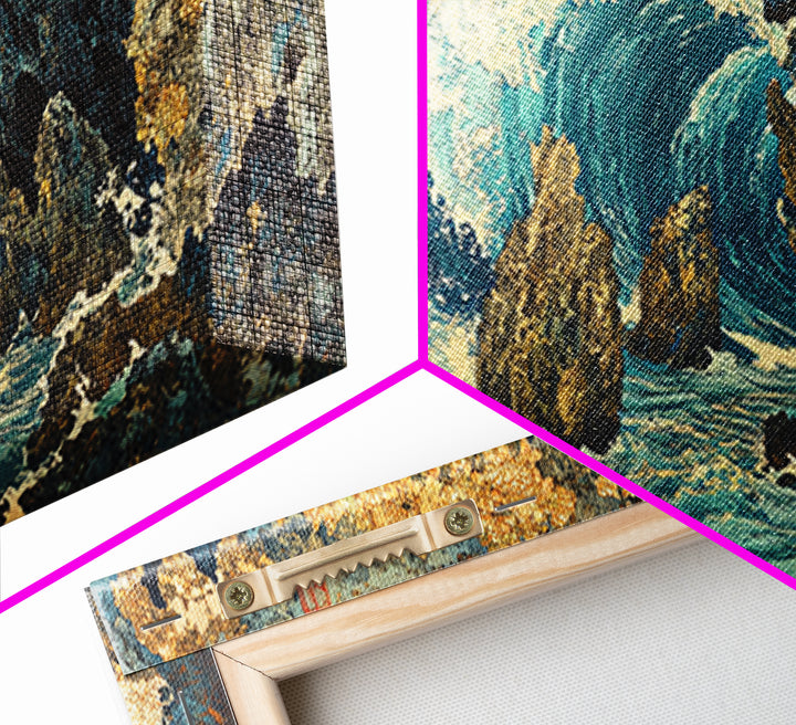 Crashing Ocean Wave Inside Rocky Cave Wall Art, Japanese Seascape Canvas Print, Coastal Nautical Living Room Decor Gift For Her