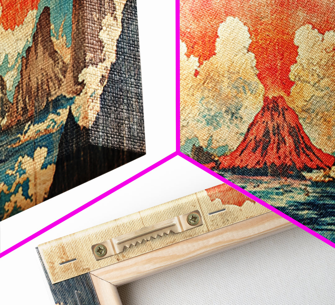 Erupting Red Volcano On Blue Mountain Lake Wall Art, Japanese Landscape Canvas Print, Dramatic Nature Living Room Decor Gift
