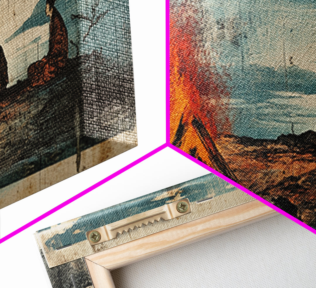 Samurai Figures By Campfire And Lake Wall Art, Japanese Landscape Canvas Print, Zen Rustic Home Decor, Travel Gift For Him