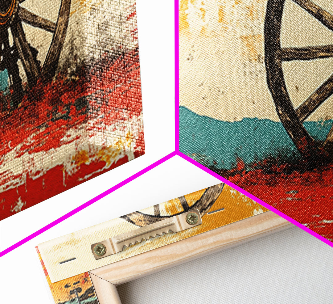 Rustic Wagon Wheel Desert Landscape Wall Art, Western Canvas Print, Southwestern Decor, Ranch House Living Room Art, Above Sofa Decor