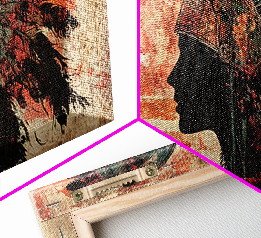 Indigenous Warrior Headdress Silhouette Wall Art, Tribal Canvas Print, Southwestern Decor, Rustic Western Living Room Art
