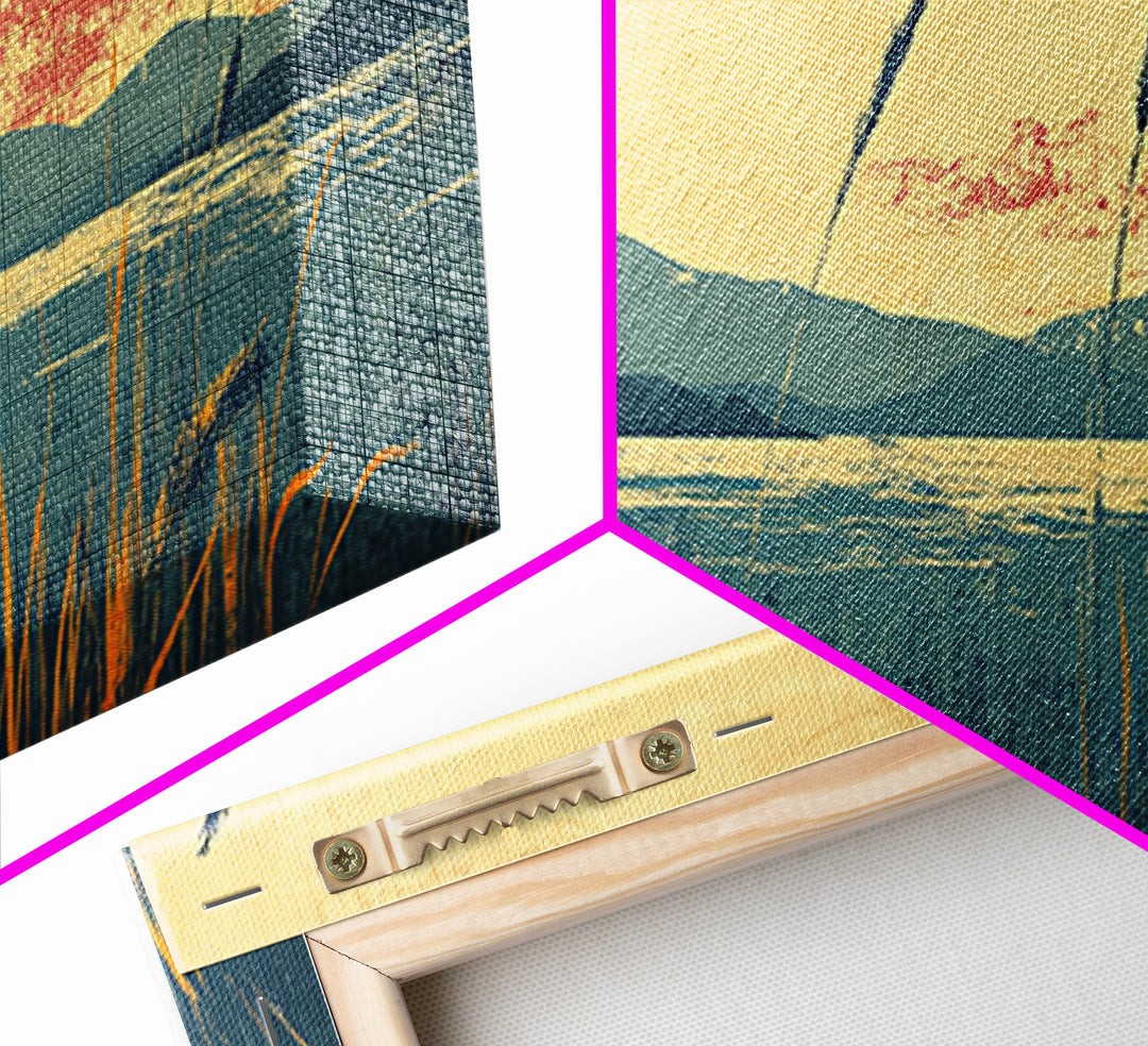 Reeds By Mountain Lake Sunset Wall Art, Serene Landscape Canvas Print, Nature Decor, Large Horizontal Living Room Art, Home Decor