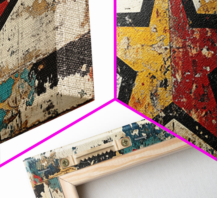 Distressed Red Yellow Star Wall Art, Rustic Americana Canvas Print, Farmhouse Wall Decor, Game Room Decor, Unique Gift For Him