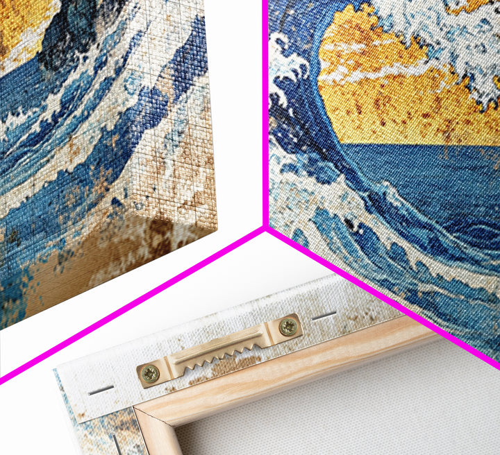 Crashing Ocean Wave Between Rocks Wall Art, Japanese Seascape Print, Coastal Decor, Nautical Living Room Framed Canvas Print