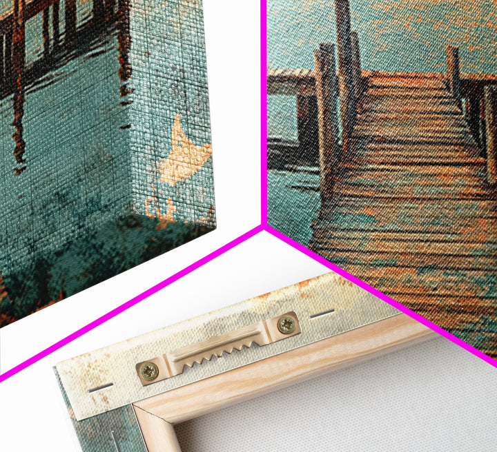 Weathered Wooden Dock Over Calm Water Wall Art, Coastal Canvas Print For Lake House Decor And Nautical Living Room Decor