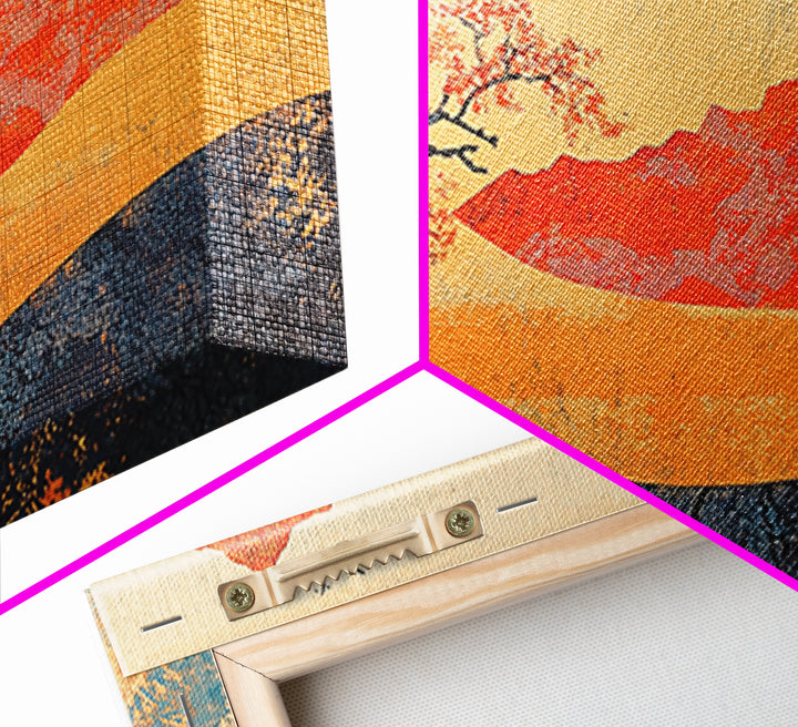 Red Mountain And Blossoming Tree Wall Art, Japanese Landscape Canvas Decor, Abstract Nature Print For Bedroom Or Office Decor