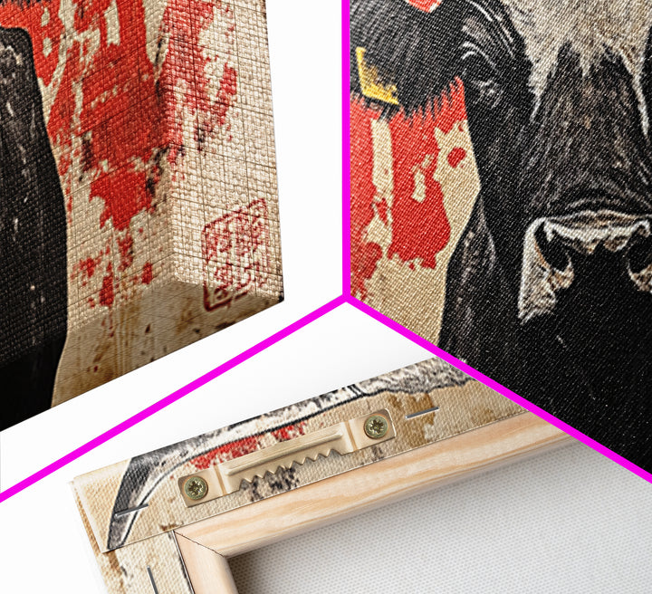 Black Longhorn Bull With Red Sun Framed Canvas Print, Rustic Western Wall Decor, Asian Inspired Farmhouse Art Gift For Living Room