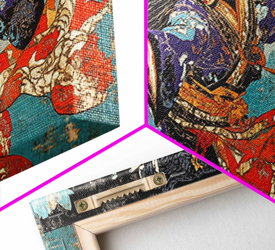Winged Samurai Warrior In Blue Kimono Wall Art, Japanese Mythological Canvas Decor, Dramatic Fantasy Art Print For Office