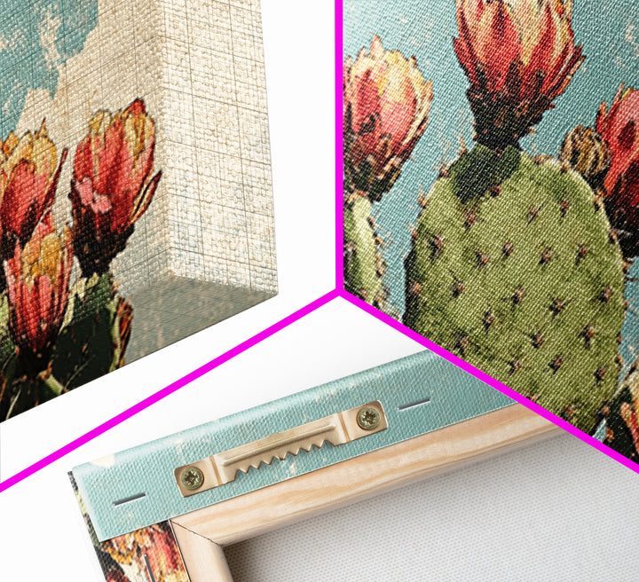Blooming Prickly Pear Cactus Wall Art, Desert Botanical Canvas Decor, Southwestern Floral Print For Bedroom Or Living Room