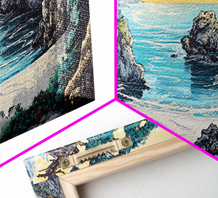 Secluded Turquoise Cove With Cliffside Temple Framed Canvas Print, Japanese Coastal Wall Art, Japandi Home Decor For Living Room