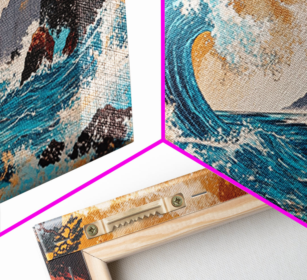 Crashing Turquoise Wave Between Rocky Cliffs Canvas Print, Japanese Ocean Wall Art, Dramatic Coastal Home Decor For Living Room