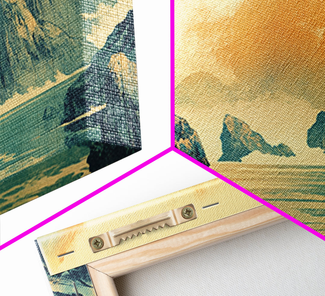 Lone Traveler Over Misty Mountain Lake Framed Canvas Print, Asian Landscape Wall Art, Calming Japandi Home Decor For Living Room