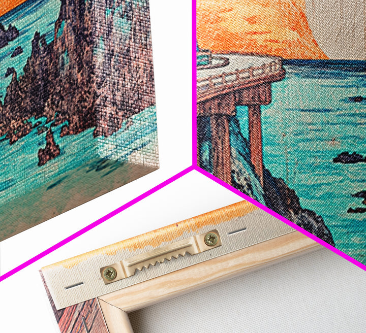 Retro Coastal Bridge Over Turquoise Sea Framed Canvas Print, Japanese Landscape Art, Beach House Decor, Large Wall Art, Art Print