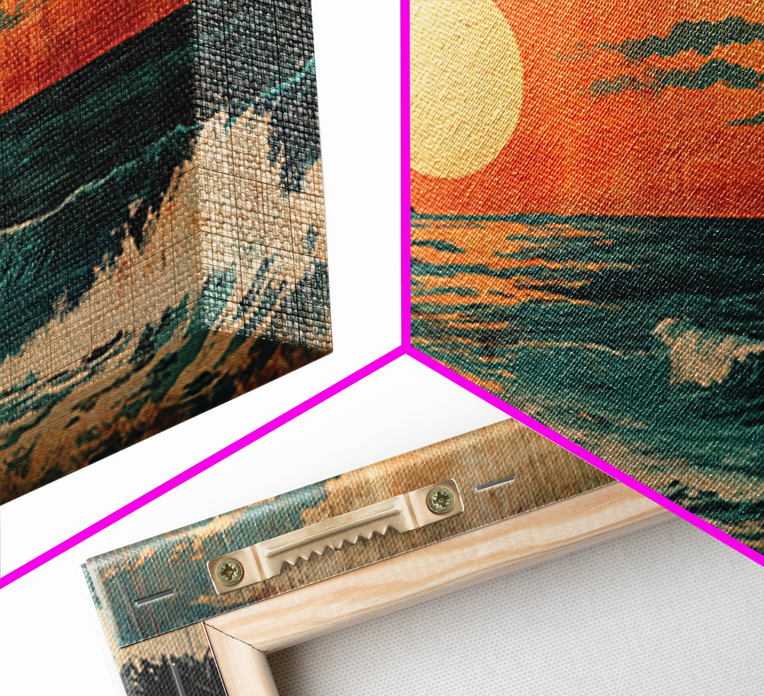 Tropical Island Sunset With Orange Sky And Waves Framed Canvas Print, Coastal Wall Art, Beach House Decor, Ocean Art, Living Room Decor