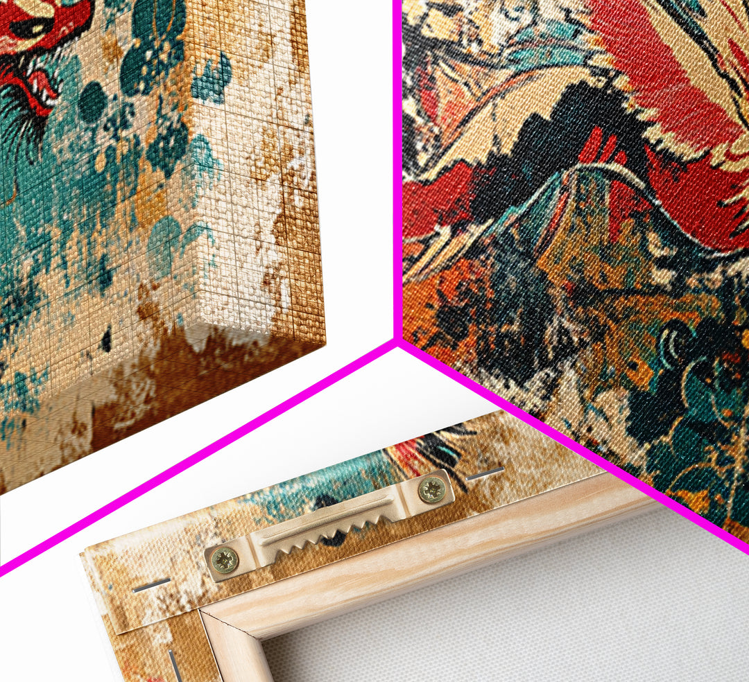 Red Asian Dragon With Teal Grunge Wall Art, Japanese Canvas Print, Fantasy Decor, Vibrant Statement Artwork Gift For Him