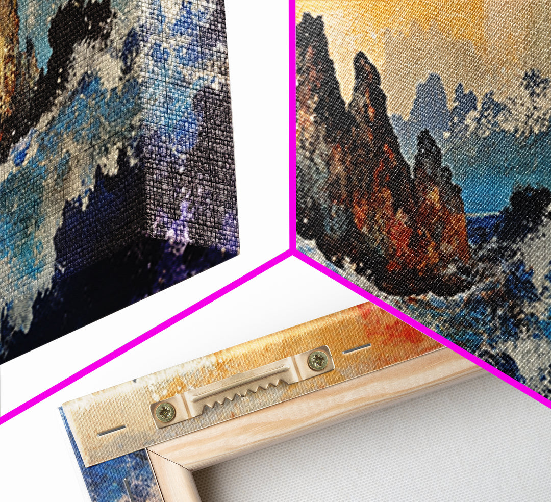 Crashing Blue Waves And Misty Mountains Canvas Print, Asian Landscape Wall Art, Modern Coastal Decor, Living Room Art Print